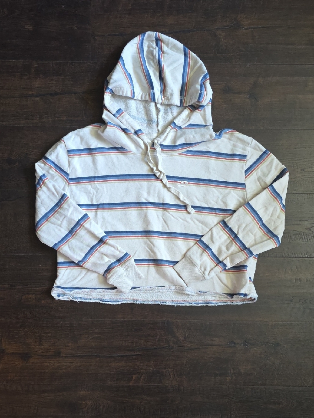 Striped Hooded Cropped Pullover - White with Blue & Orange Stripes